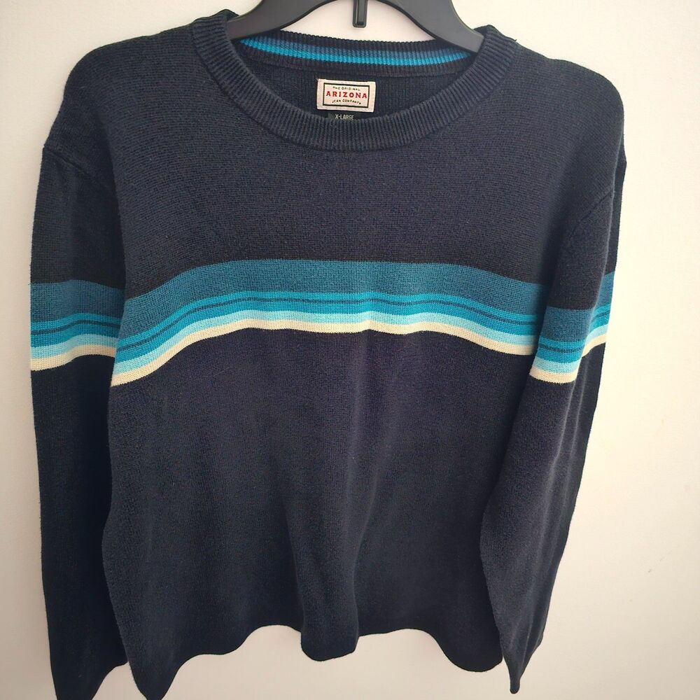Arizona Jean Co Men's XL Crew Neck Sweater Blue White Chest Stripe Y2K